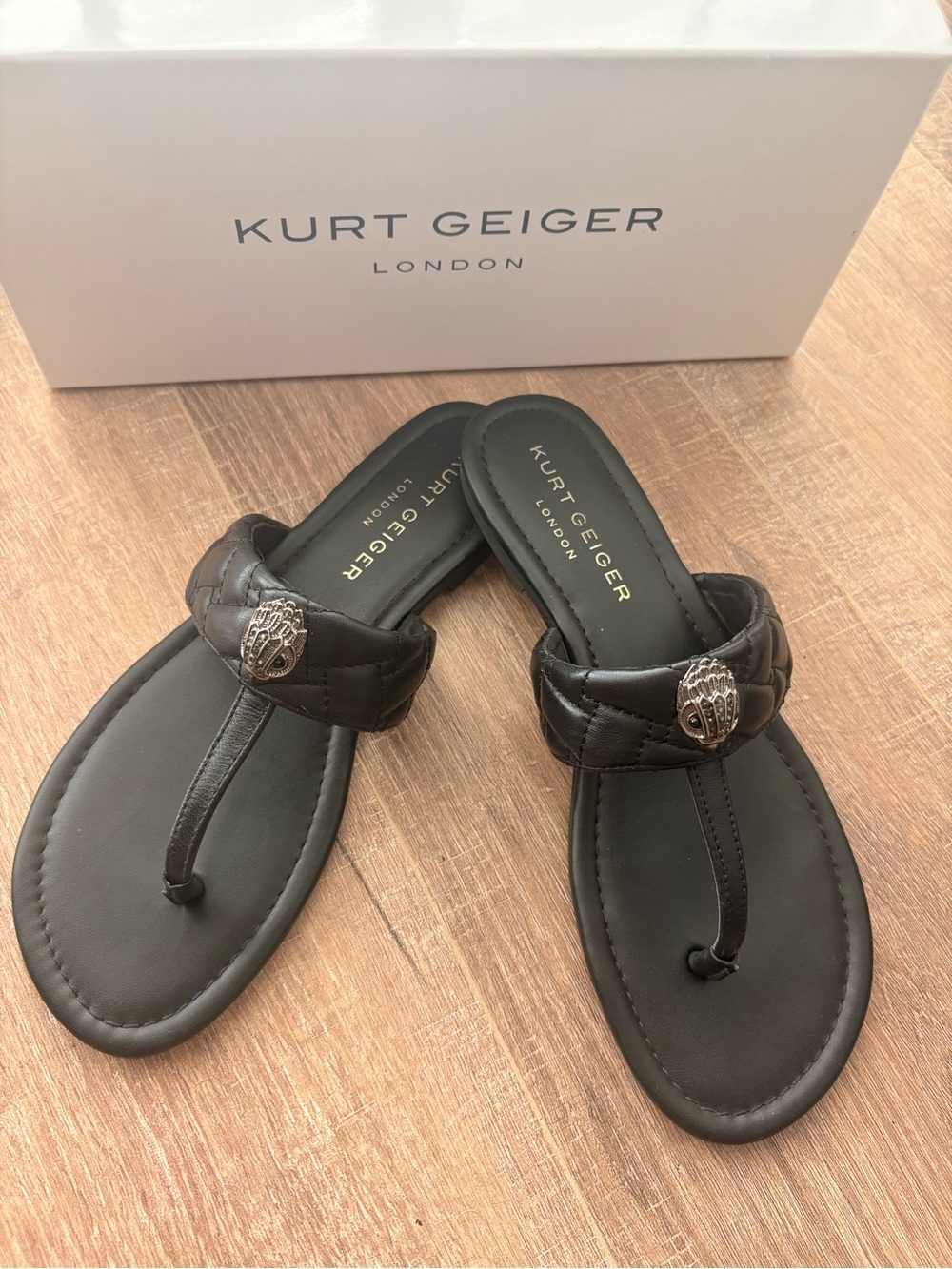 Kurt Geiger Black Quilted Leather Thong Sandals with Metal Crest